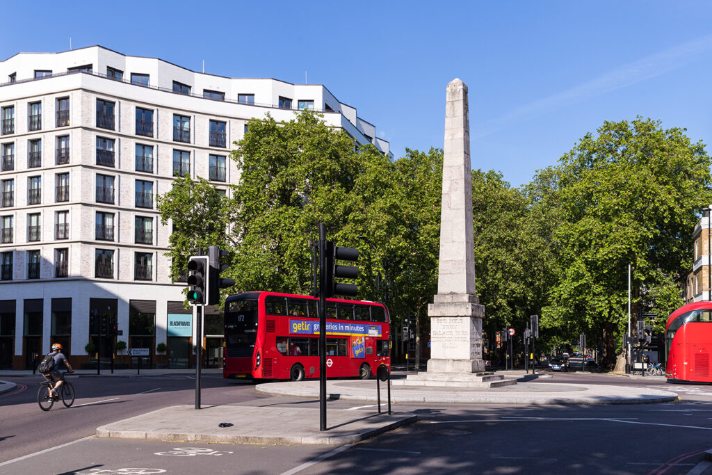 Looking east at St George's Circus, in Southwark, SE1 London